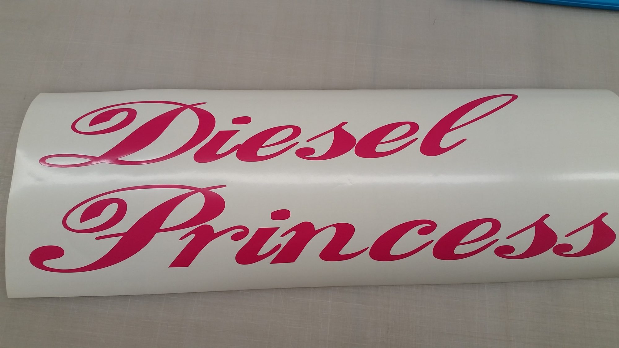 Plotted cut vinyl script lettering on a vehicle panel