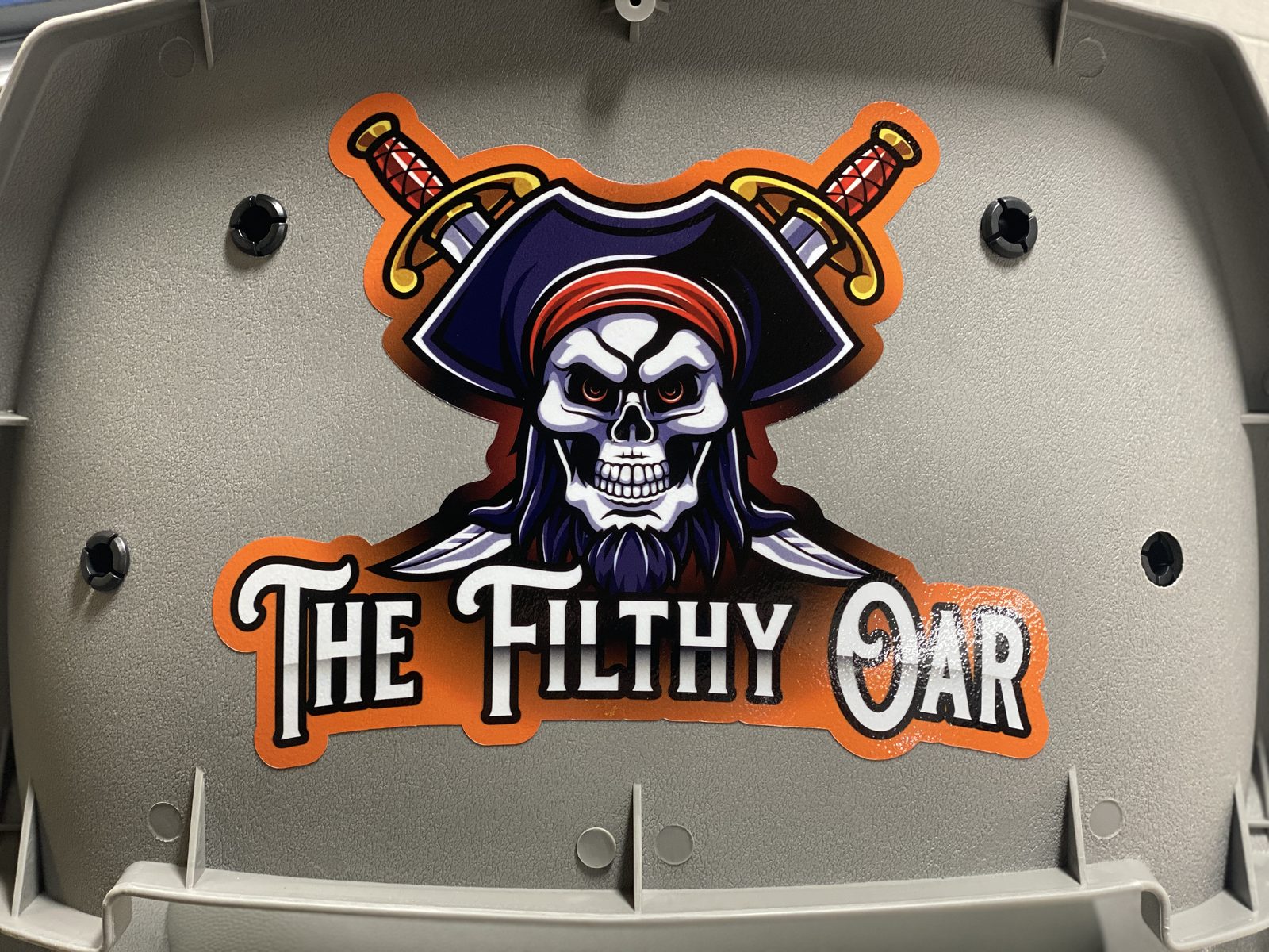 The Filthy Oar logo printed for a boat panel