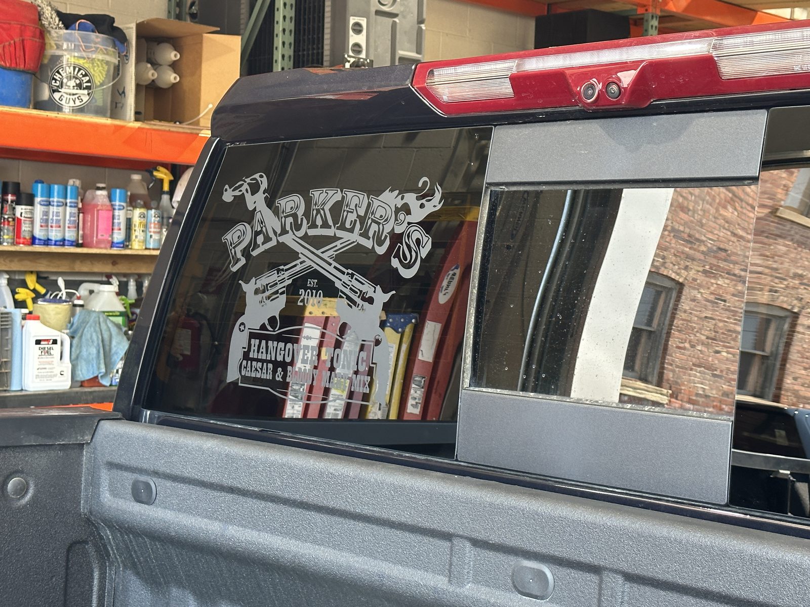 Rear window graphics on a pickup